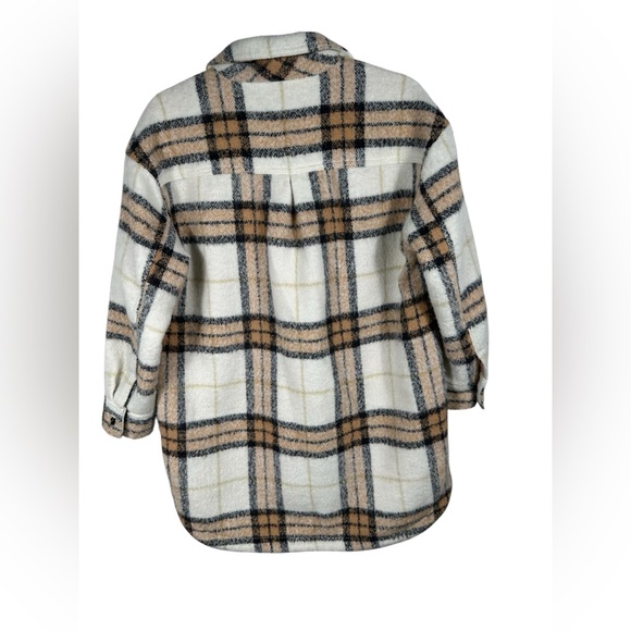 Old Navy Plaid Sherpa Jacket Petite Small Button Front Coat Tan Cream Black Warm - Picture 3 of 8